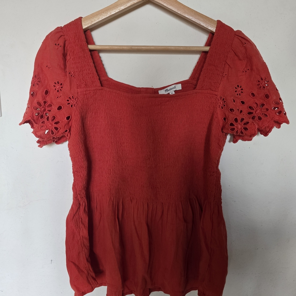 Madewell Red Eyelet Sleeve Peasant Blouse